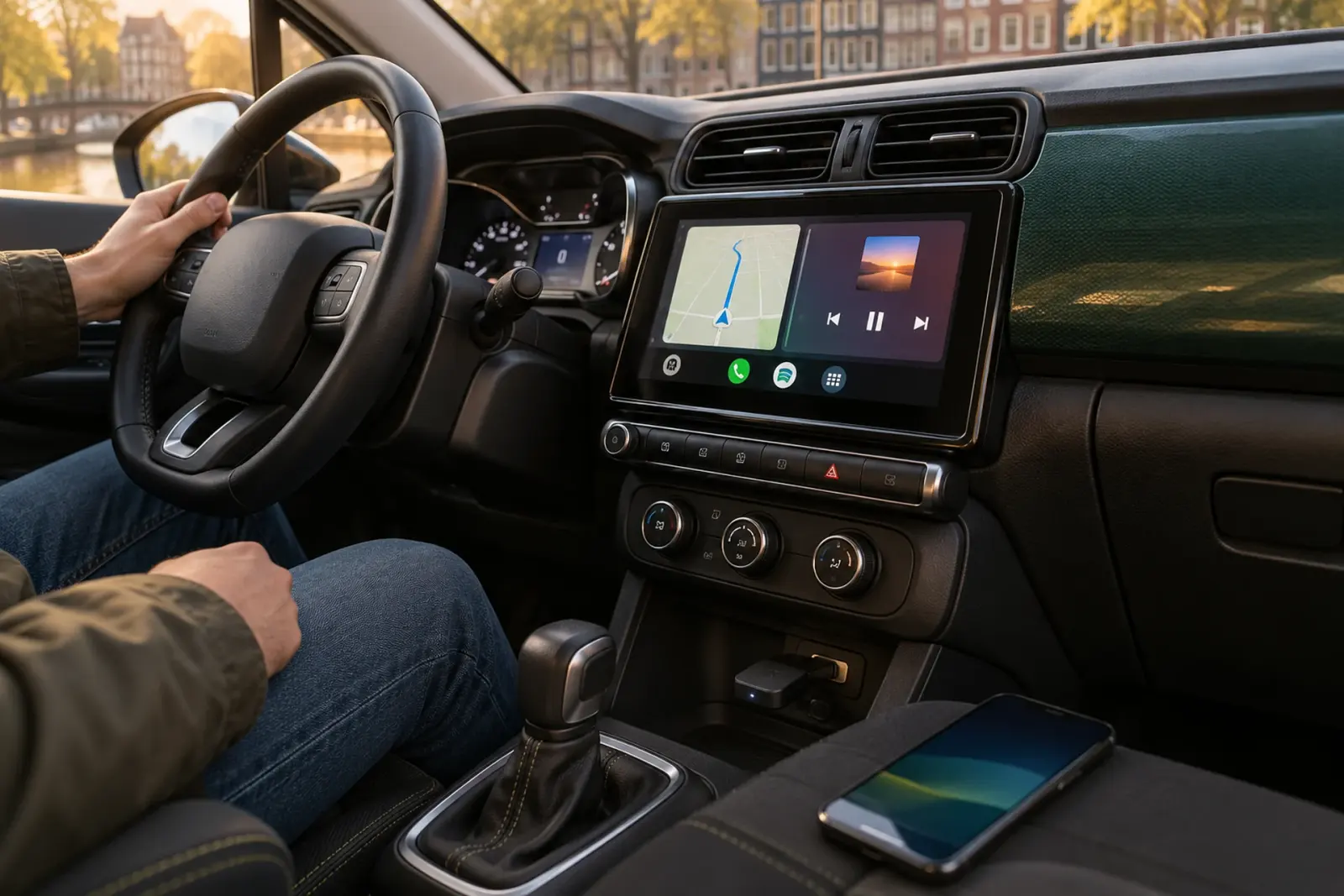 Android Auto bestellen in Arnhem: Google Maps op het ingebouwde scherm van een Citroën C3, de telefoon ligt in de middenconsole