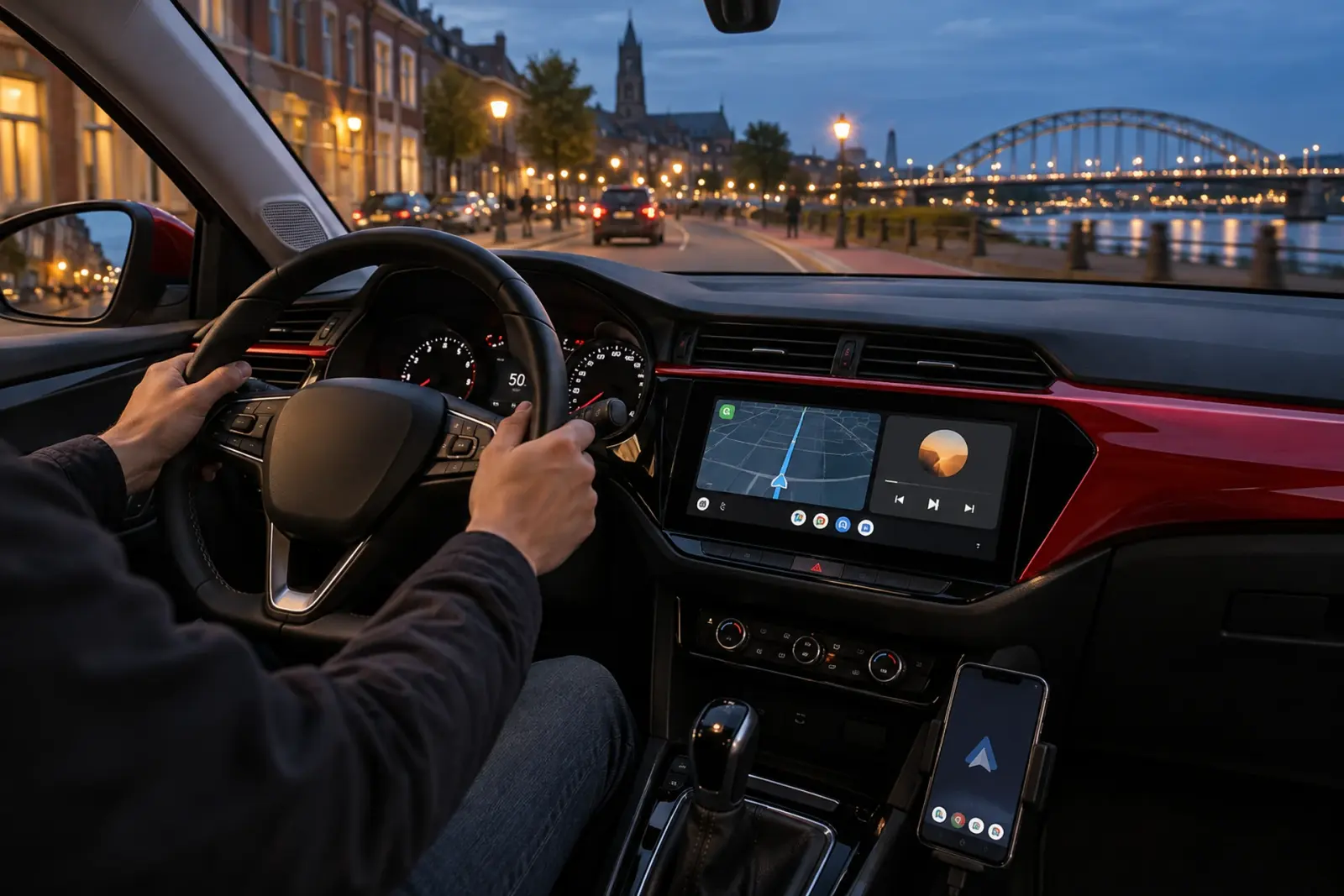 Android Auto op een breed touchscreen tijdens een avondrit langs de Nederrijn in Arnhem, met de boogbrug op de achtergrond