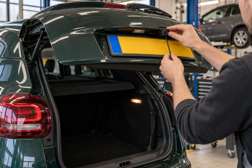 Achteruitrijcamera wordt boven de kentekenplaat van een groene Citroën C3 gemonteerd voor een klant uit Arnhem