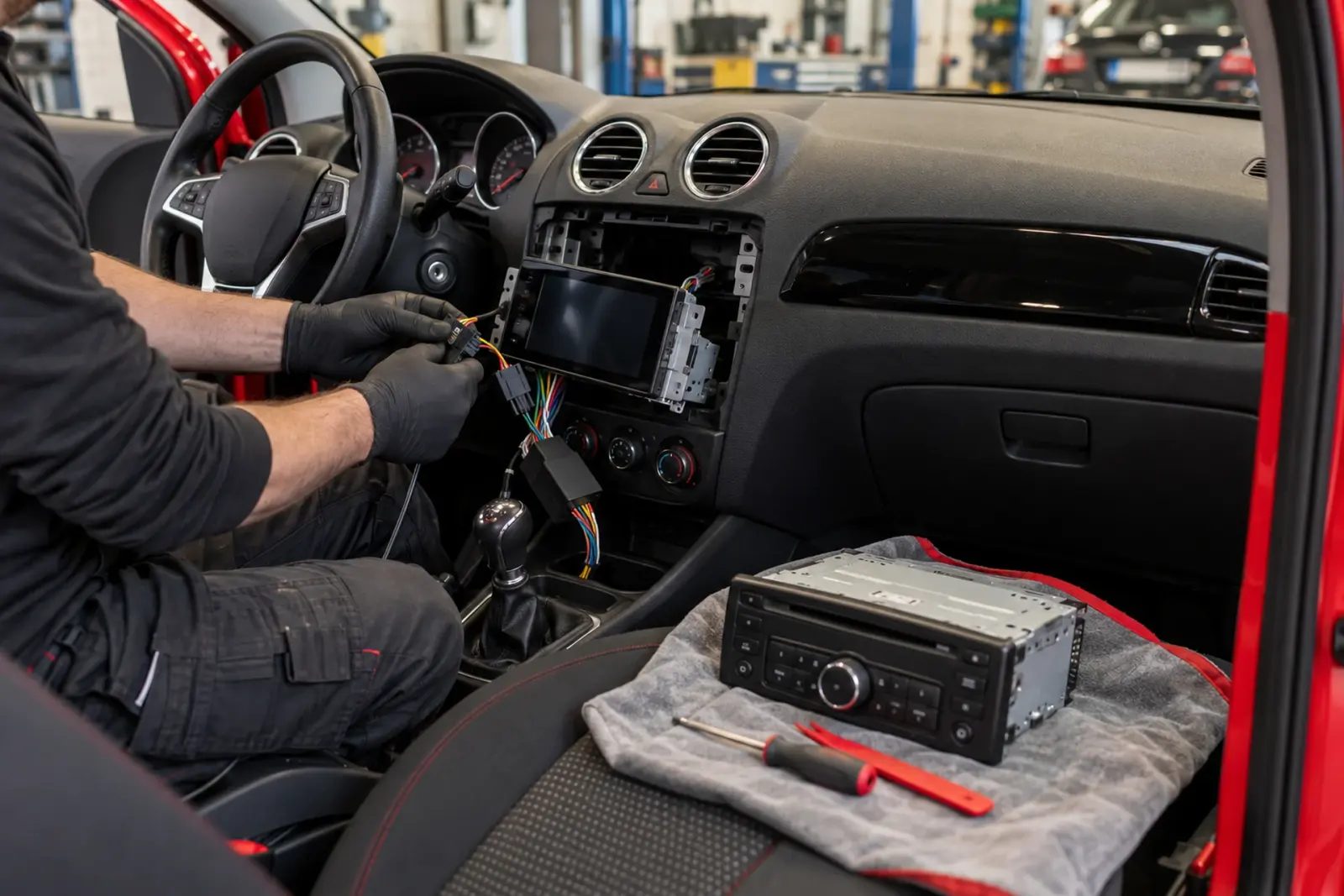 Android Auto radio inbouwen in Arnhem: monteur sluit de bekabeling aan in het dashboard van een rode auto, de oude radio ligt op de stoel