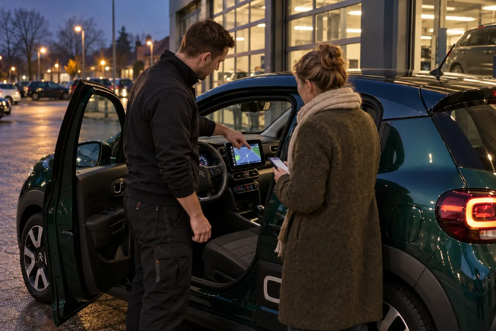 Monteur legt bij een groene Citroën C3 het nieuwe CarPlay-scherm uit aan een klant uit Arnhem voor de werkplaats