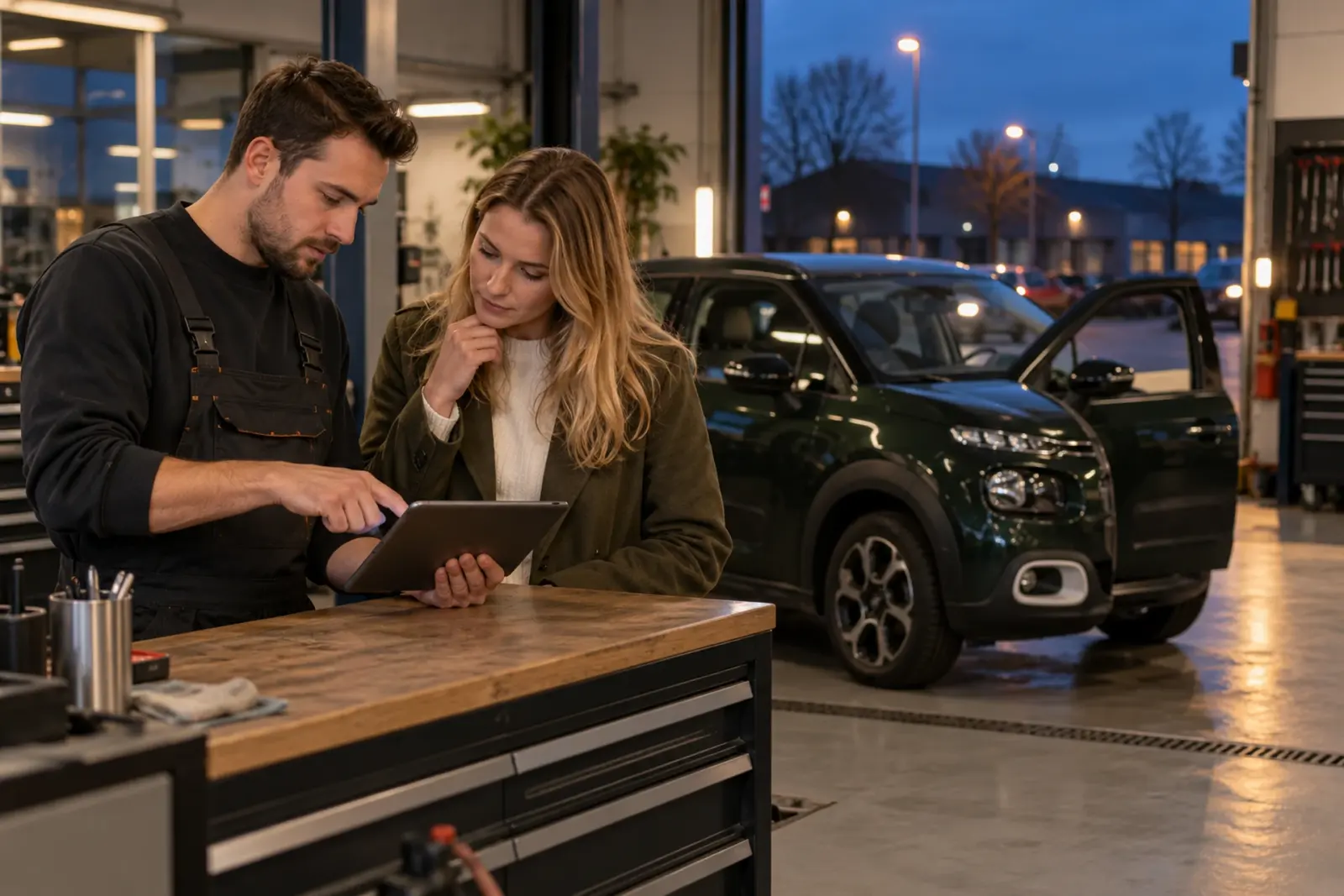 Monteur bespreekt de CarPlay-offerte op een tablet met een klant uit Arnhem, met haar Citroën C3 in de werkplaats