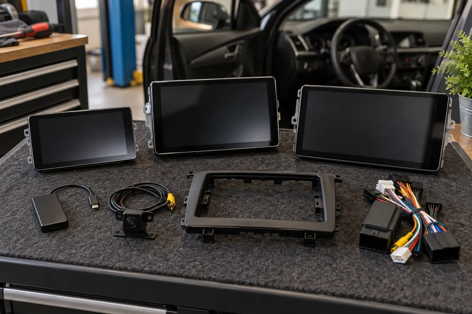 CarPlay prijzen in Arnhem: drie schermen in verschillende maten, een inbouwframe, kabelboom, camera en adapter op de werkbank