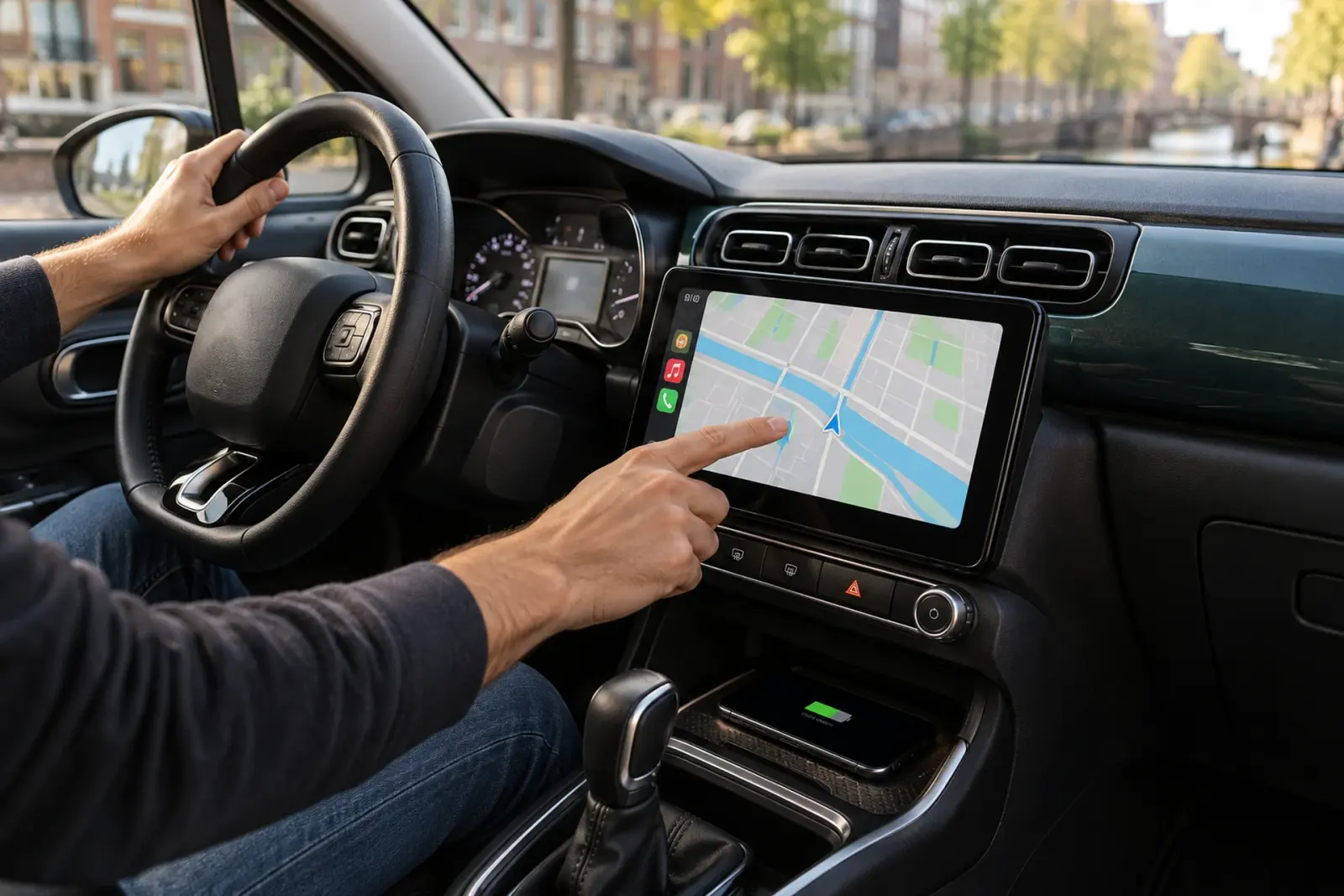 Bestuurder bedient de navigatie op een ingebouwd CarPlay-scherm in een Citroën C3 in Arnhem