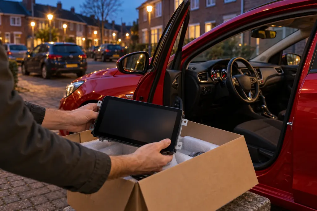 CarPlay bestellen in Arnhem: een nieuw touchscreen komt uit de doos naast een rode auto in een woonstraat
