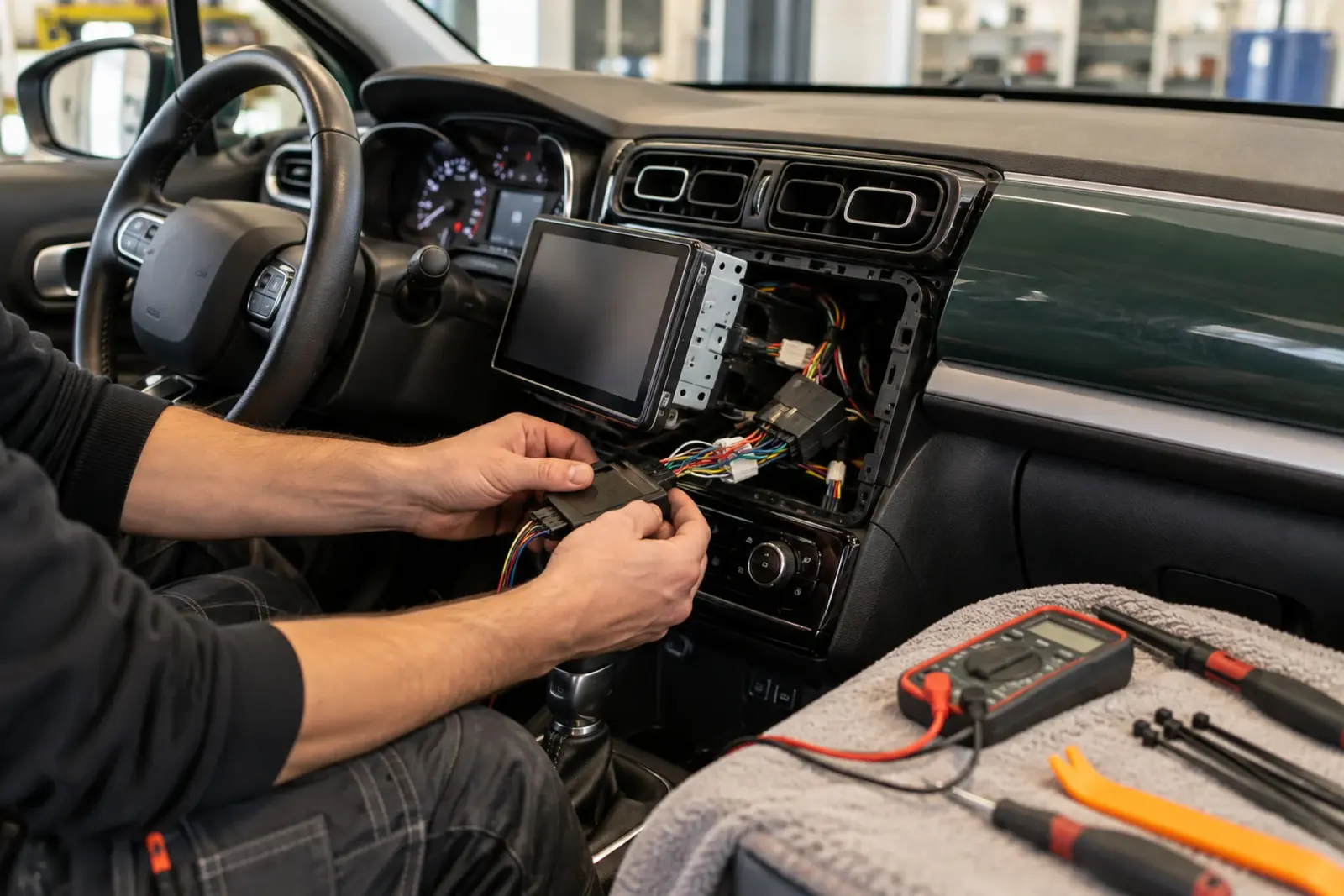 Monteur sluit de kabelboom aan achter het nieuwe CarPlay-scherm van een Citroën C3 uit Arnhem, met multimeter en gereedschap op de stoel