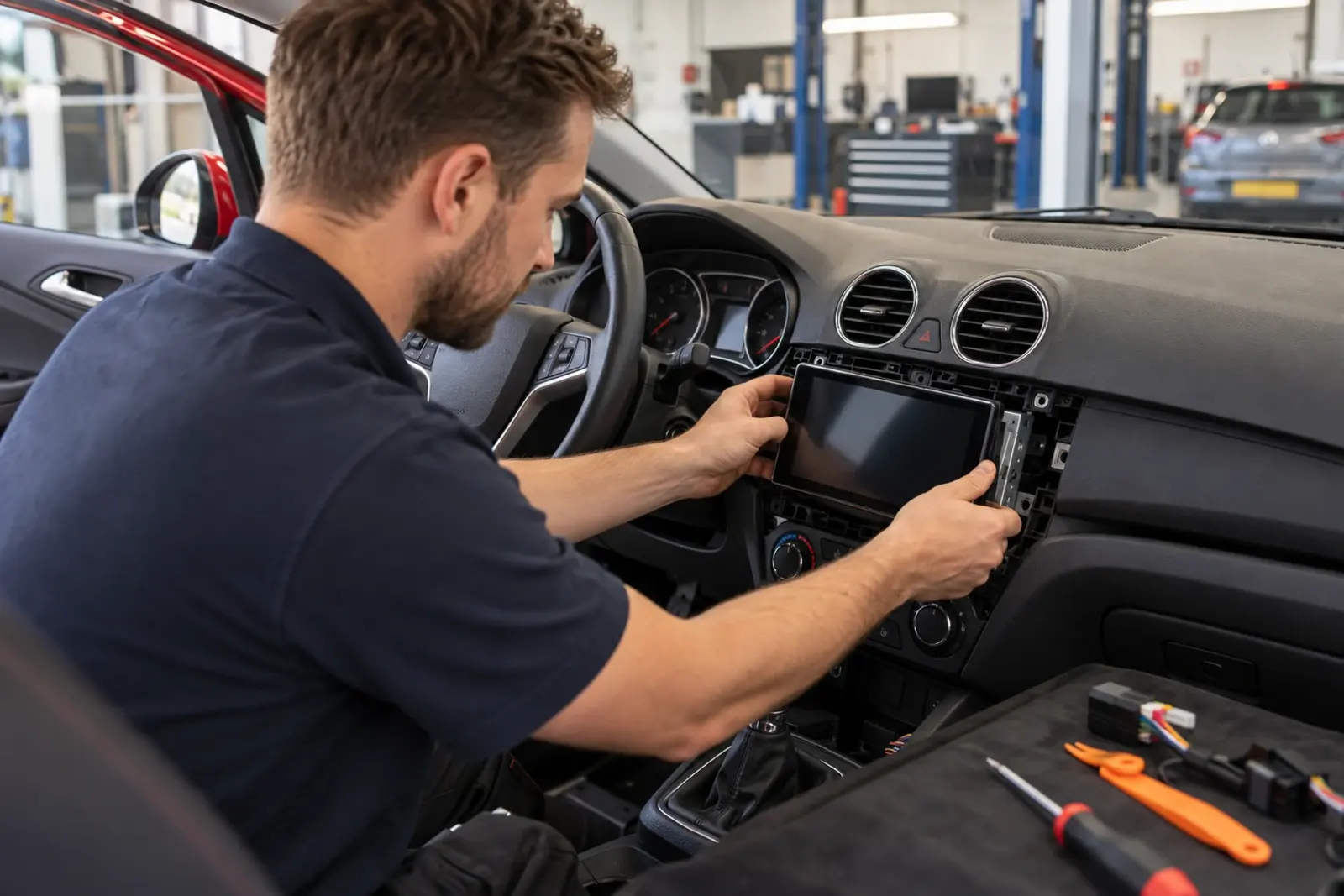 CarPlay scherm inbouwen in Arnhem: monteur schuift een nieuw touchscreen in het dashboard van een rode auto in de werkplaats
