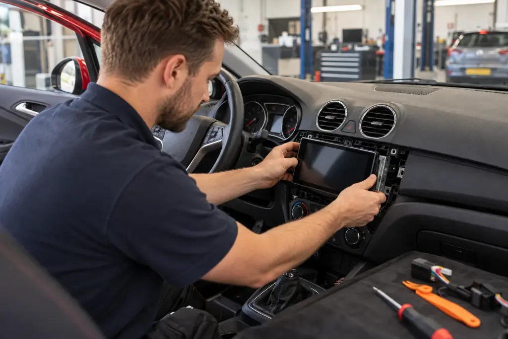 Monteur schuift een nieuw CarPlay-scherm in het dashboard van een rode auto in de werkplaats van de inbouwpartner in regio Arnhem